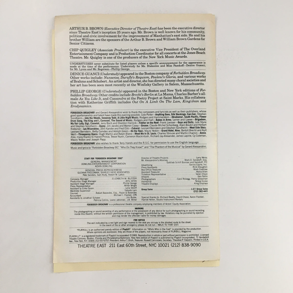 Back cover of the 1990 Playkill Theatre East Forbidden Broadway 90 by Gerard Alessandranini, featuring a detailed biography of Arthur B. Brown and information about Theatre East, including contact details and images related to the production.