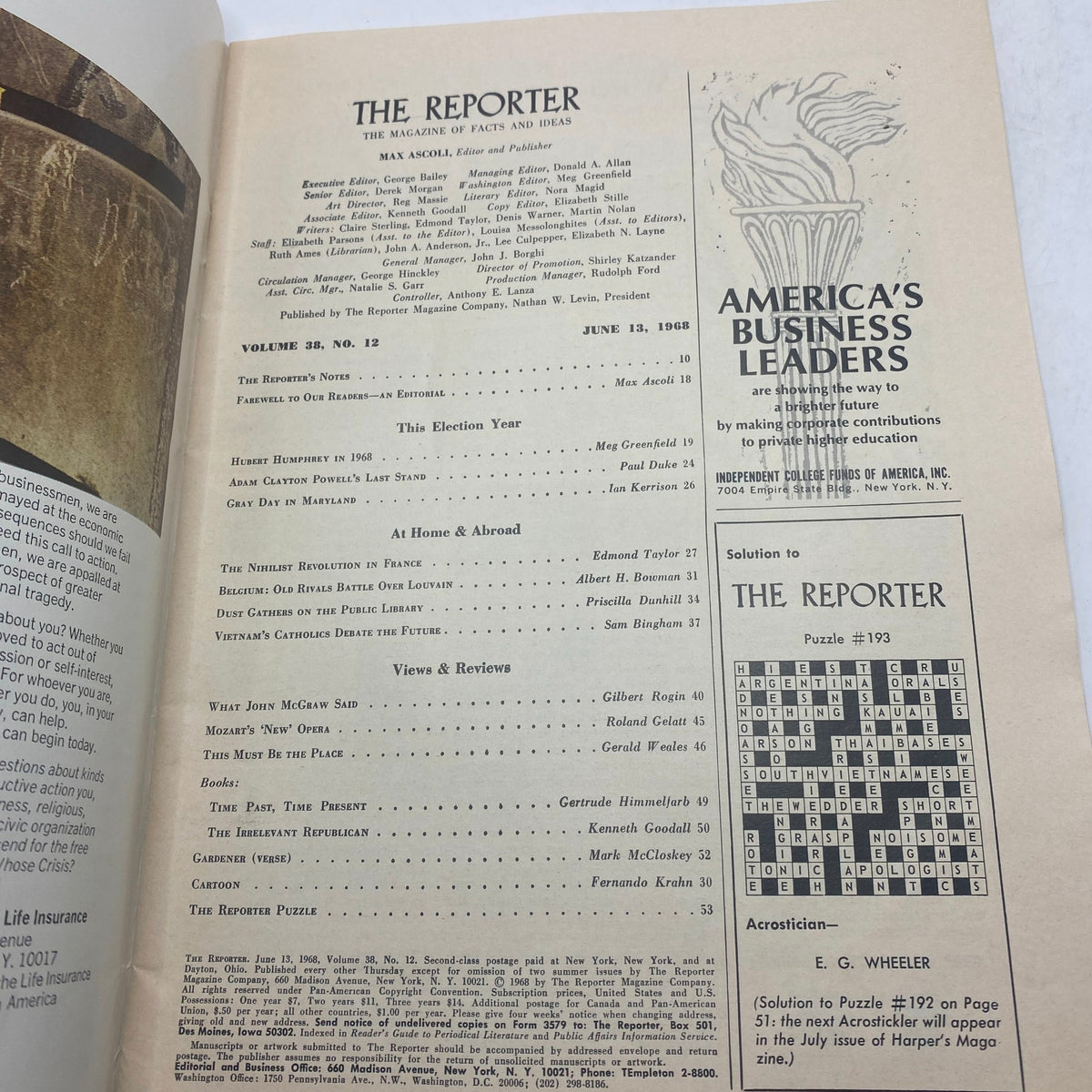 Inside page of VTG The Reporter Magazine from June 13, 1968, highlighting the editorial 'Farewell to Our Readers' along with a table of contents and articles featured in the issue.