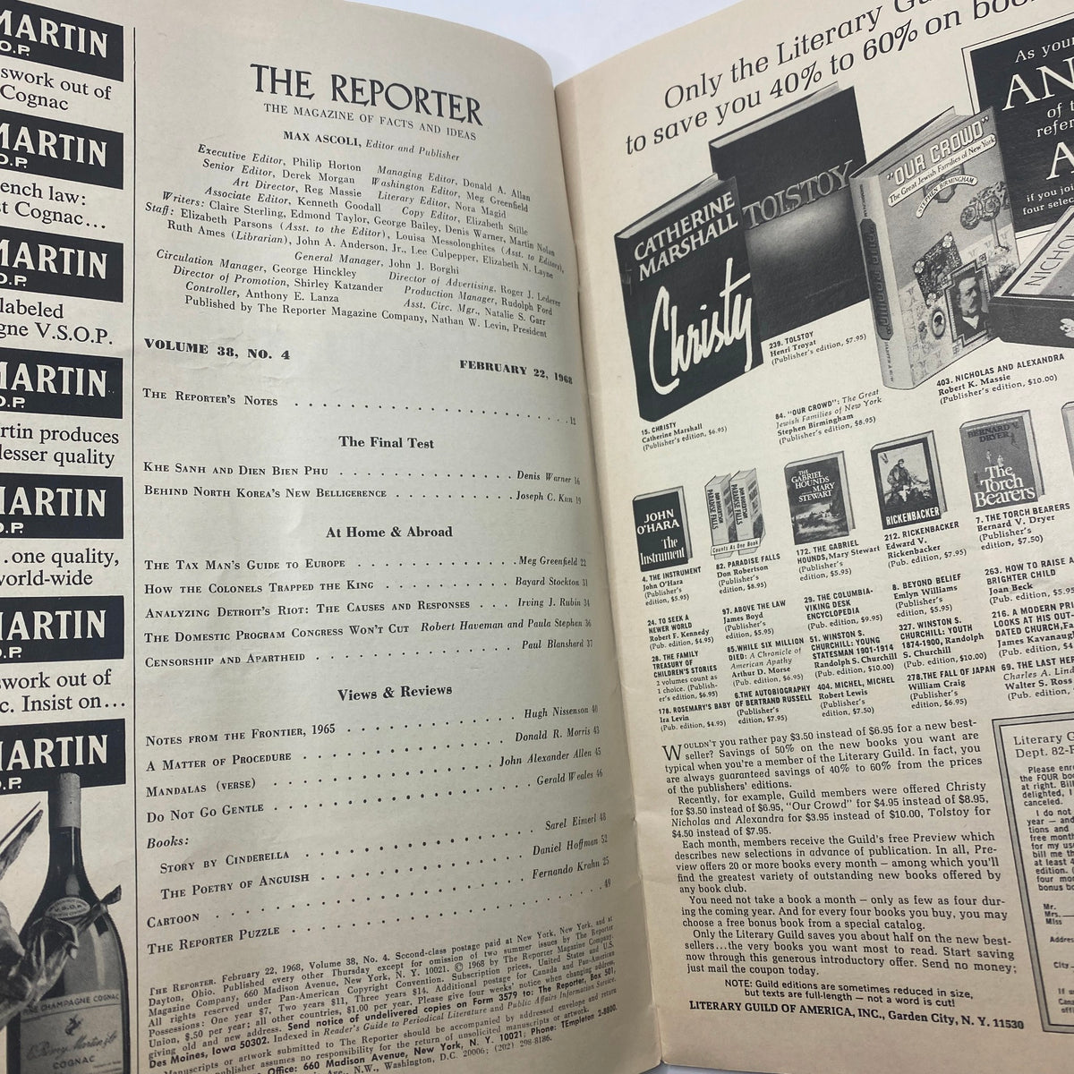 Inside page of VTG The Reporter Magazine February 22, 1968, displaying the contents and articles including 'The Tax Man's Guide To Europe'.