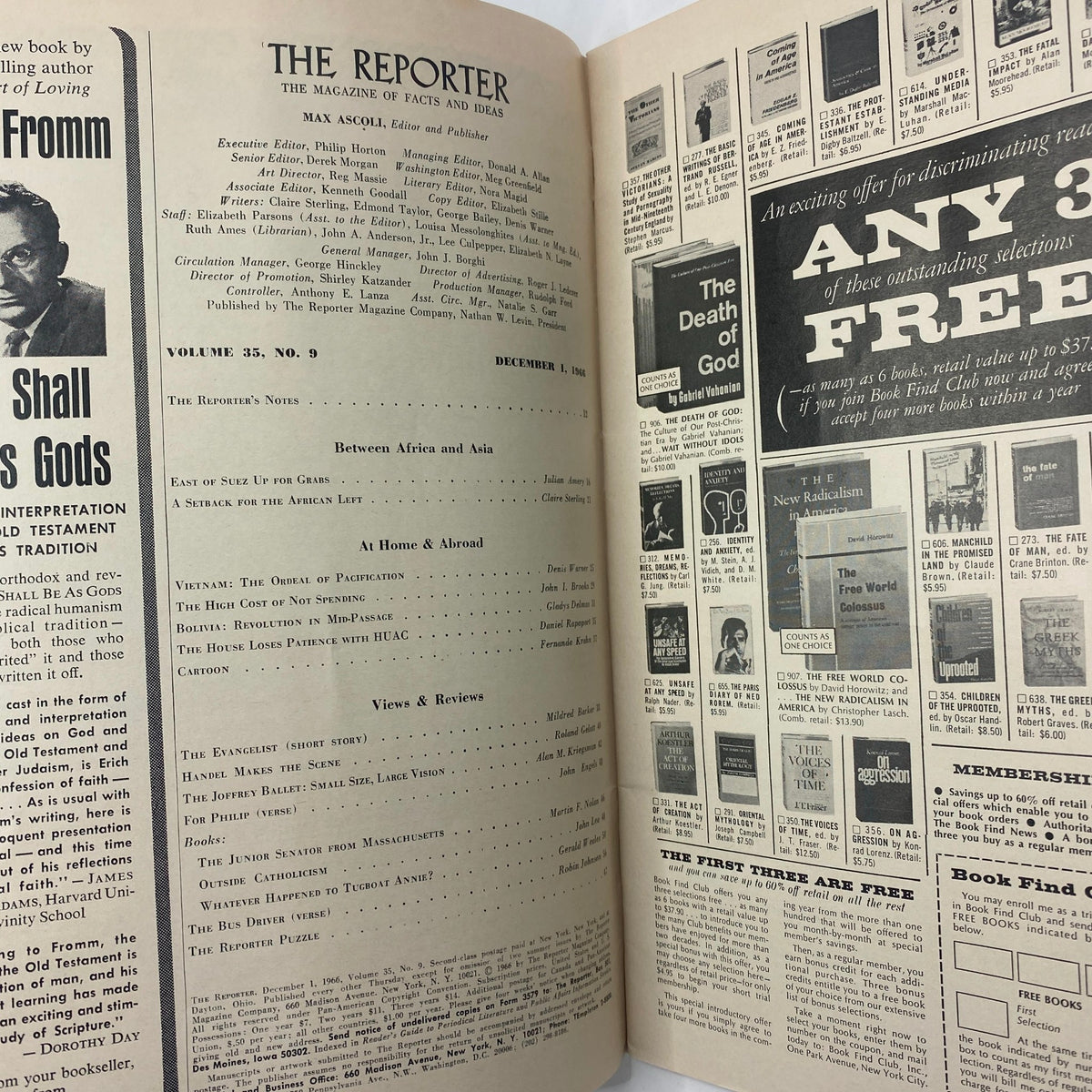 Interior page of VTG The Reporter Magazine December 1 1966 showcasing table of contents, featuring articles on geopolitical topics including East of Suez and Vietnam.