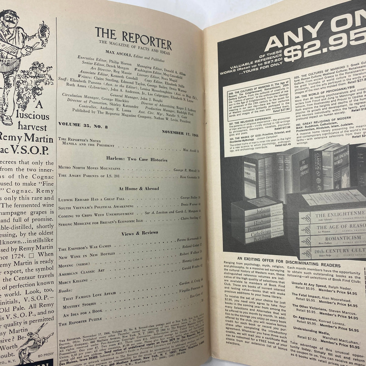 Open layout of VTG The Reporter Magazine, November 17, 1966, highlighting the table of contents and sections including 'Harlem: Two Case Histories'.