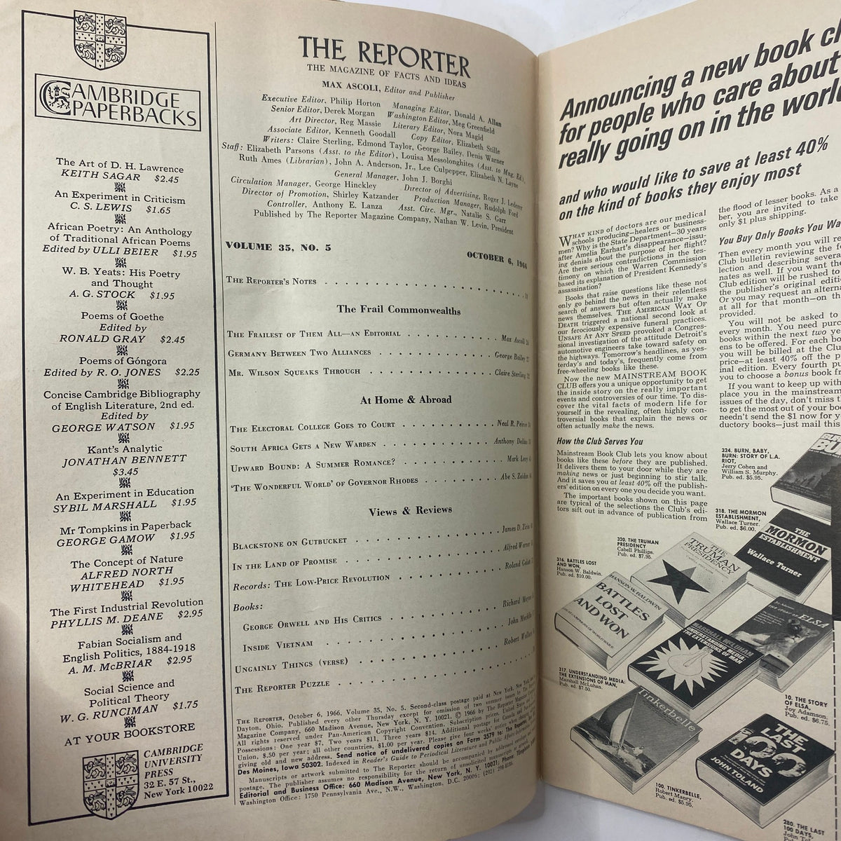 Inside page of VTG The Reporter Magazine October 6 1966 displaying the table of contents for the issue titled The Frail Commonwealths.