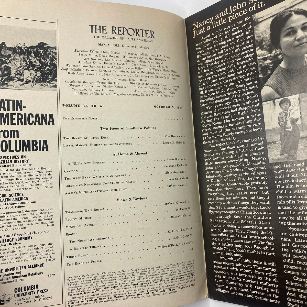 Inside page of VTG The Reporter Magazine, October 5, 1967, displaying table of contents and detailed articles related to 'Two Faces of Southern Politics'.