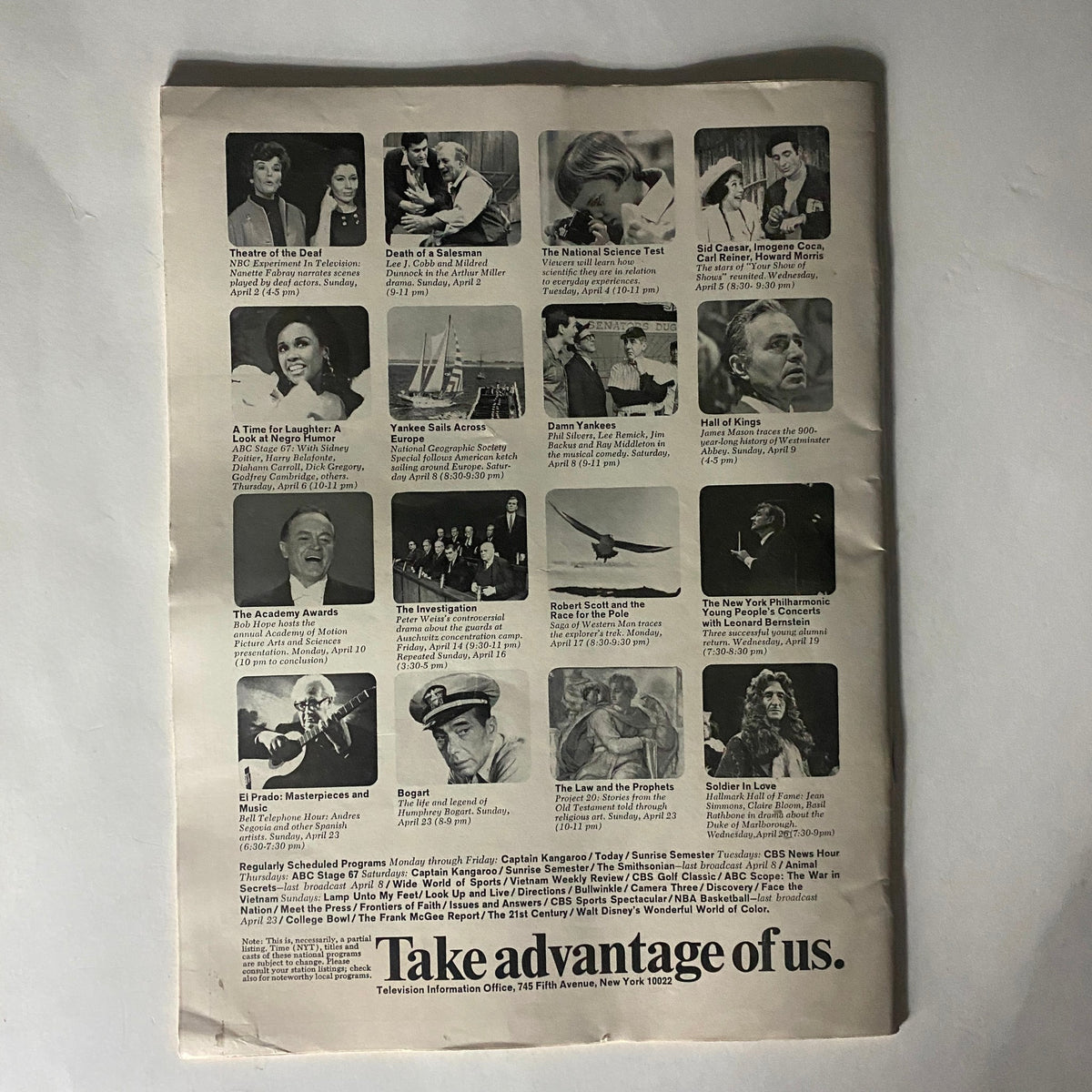 Back cover of VTG The Reporter Magazine April 6 1967, showcasing television programming and advertisements from the era.