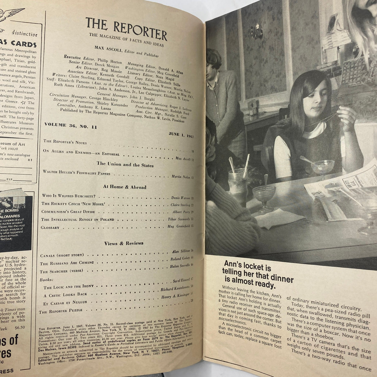 Inside page of VTG The Reporter Magazine June 1 1967 showcasing the editorial section and an image of a woman in a diner.