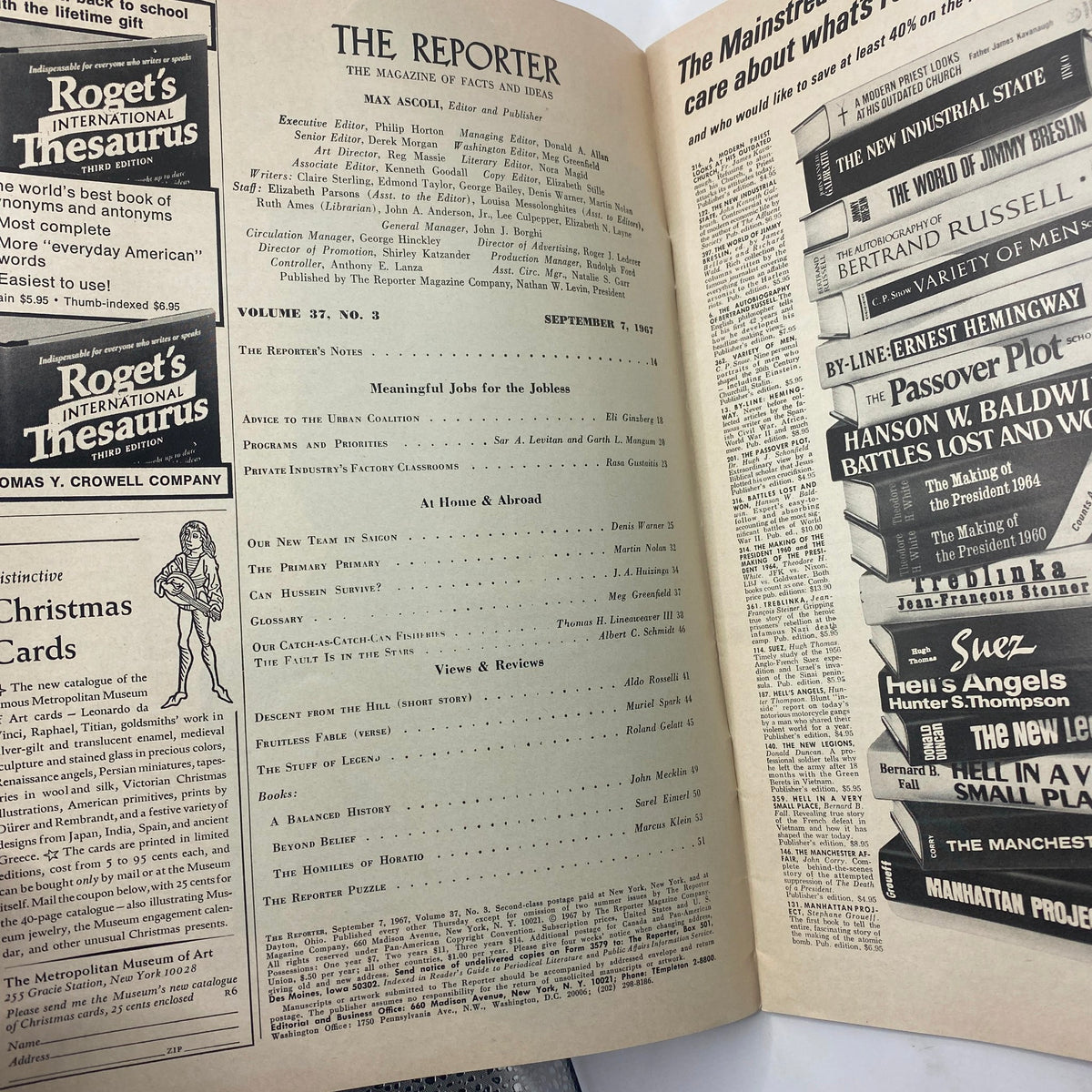 Interior page of VTG The Reporter Magazine September 7 1967 illustrating the table of contents along with article titles related to employment and societal issues.