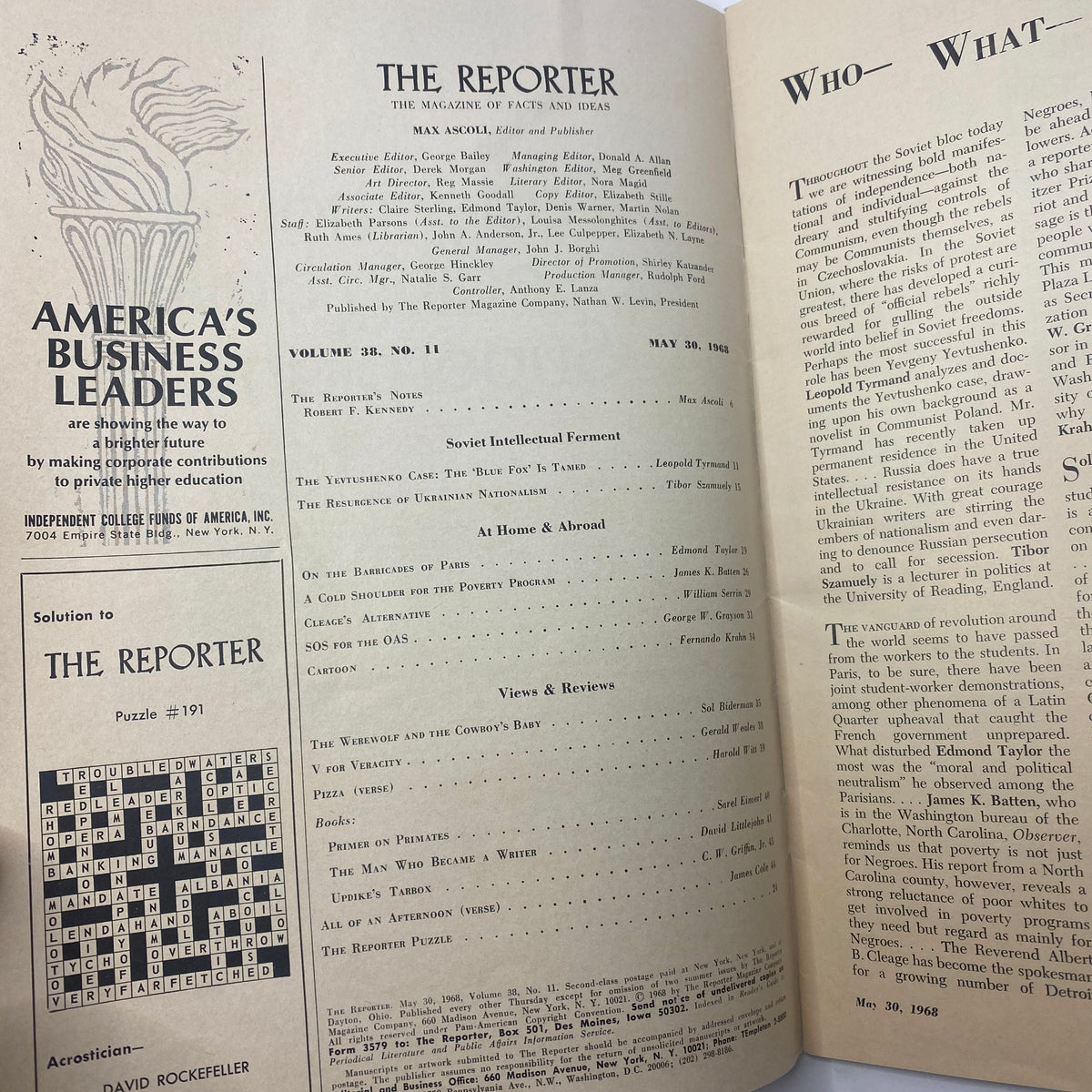 Inside page of VTG The Reporter Magazine May 30 1968, displaying contents page with articles related to Soviet Intellectual Ferment, including notable contributors and topics.