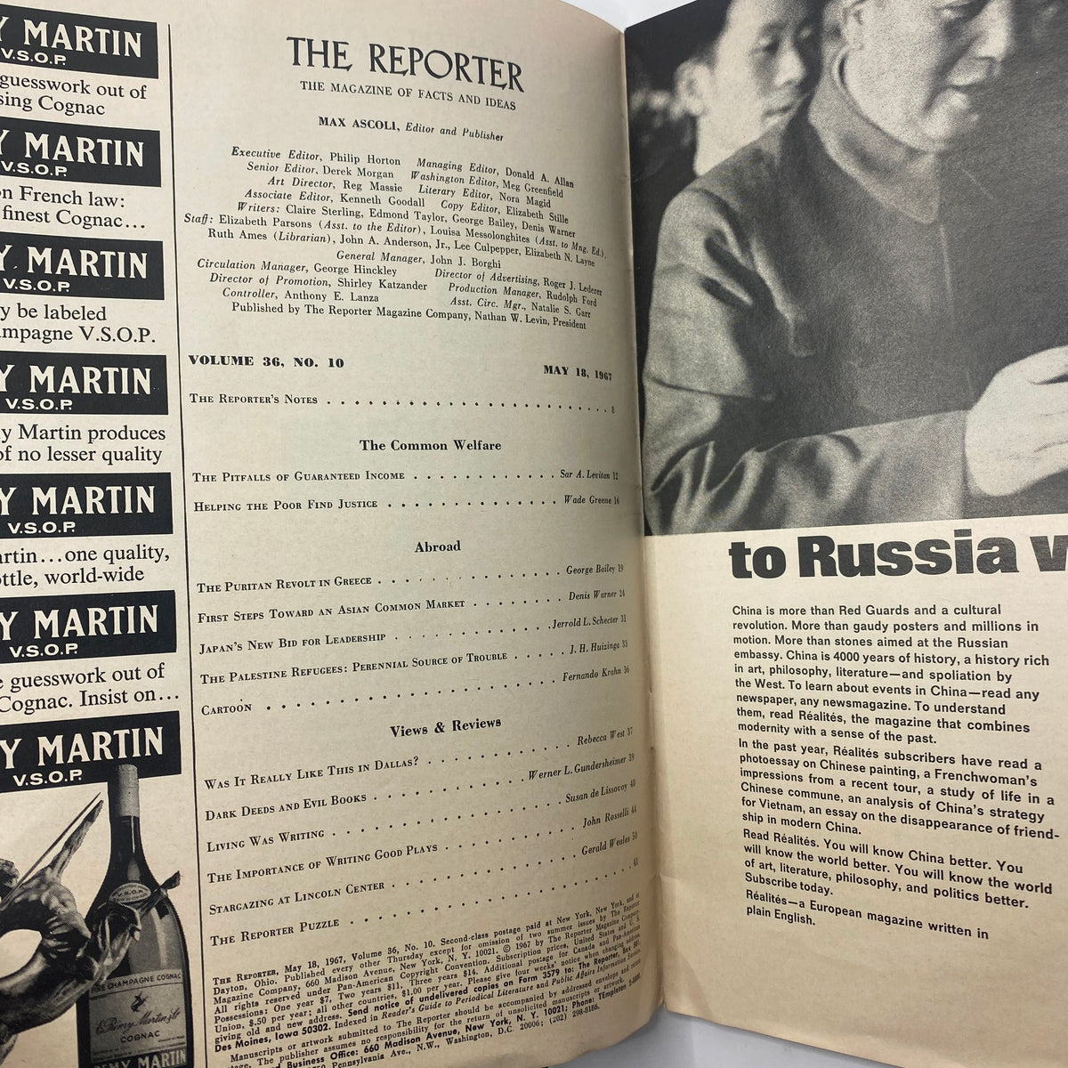 The Reporter Magazine May 18 1967 - The Pitfalls of Guaranteed Income, featuring a table of contents and editorial notes, highlighting economic perspectives from the 1960s.