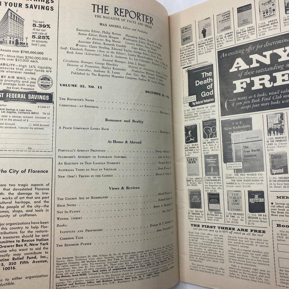 Interior page of VTG The Reporter Magazine December 29, 1966, displaying the magazine's contents including stories such as 'A Peace Corpsman Looks Back'.