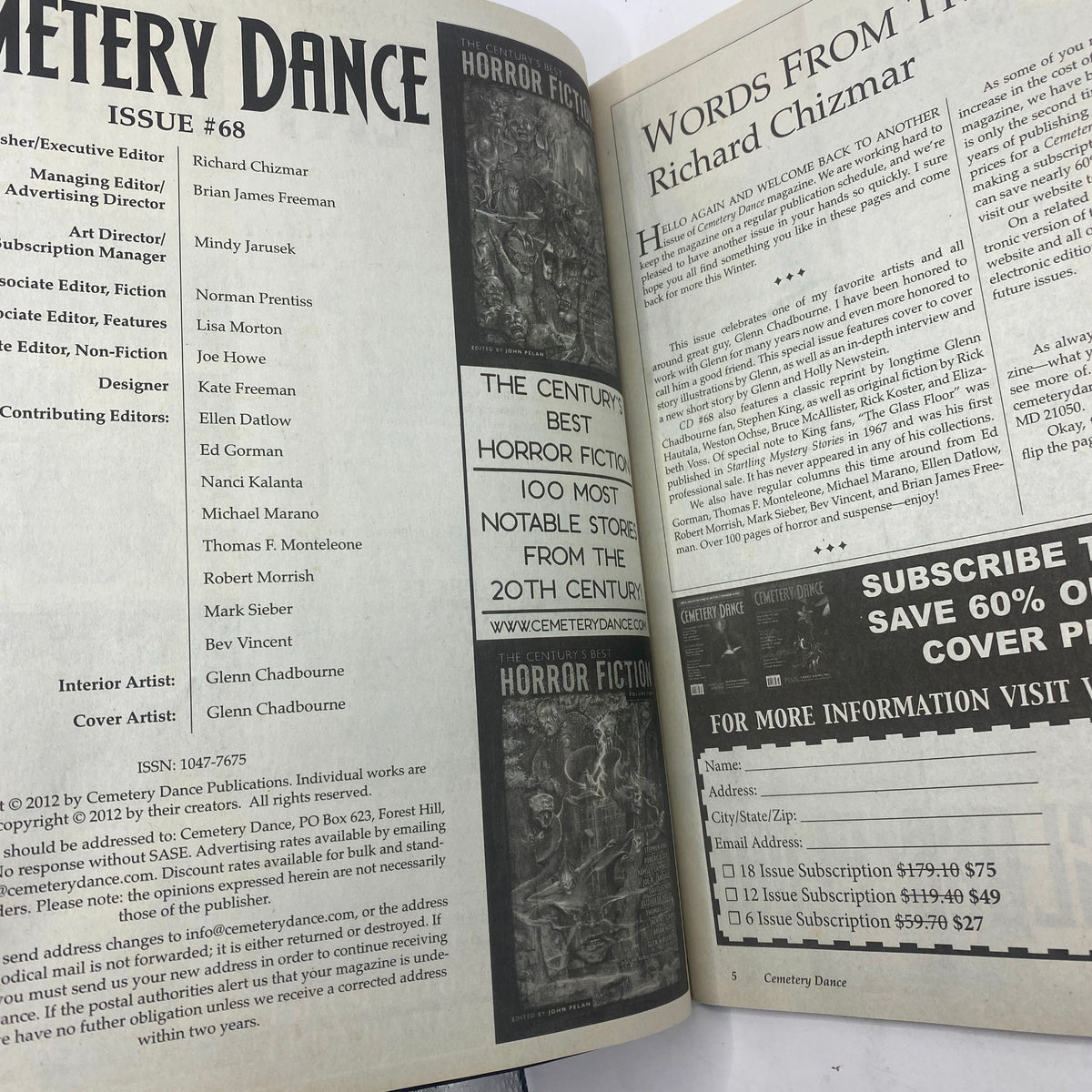 Inside page of Cemetery Dance Magazine December 2012 #68 with content details and editor information, highlighting contributions from various writers.