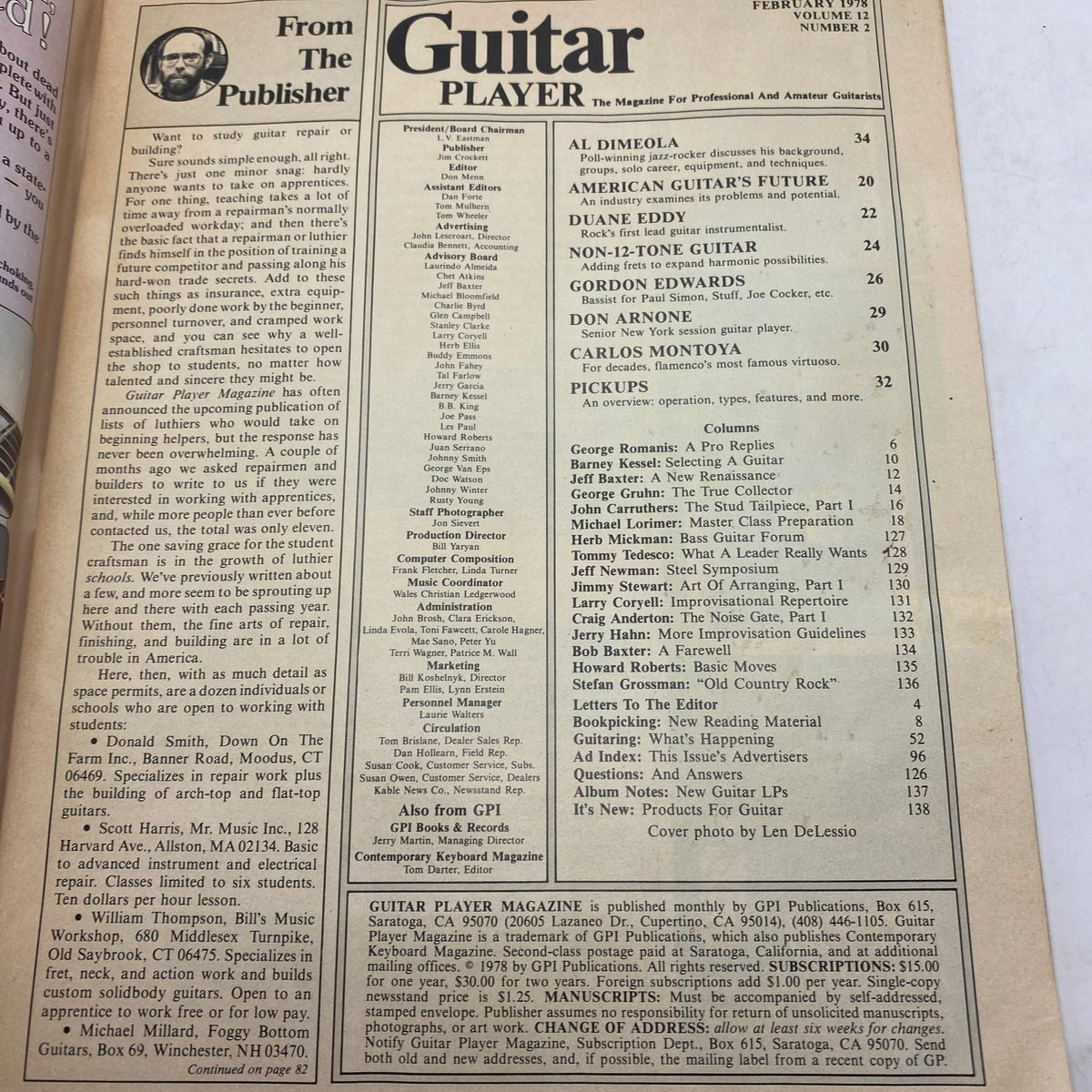 Inside page of Guitar Player Magazine February 1978, displaying the table of contents and articles including features on Al DiMeola and other prominent musicians.