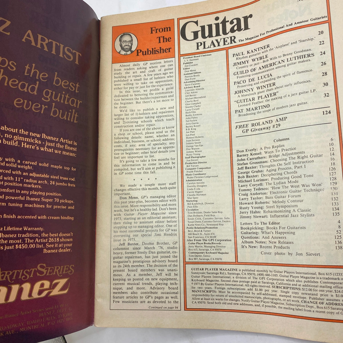Inside page of the June 1977 Guitar Player Magazine showing the publisher's note and table of contents with featured artists like Pat Martino and Johnny Winter.