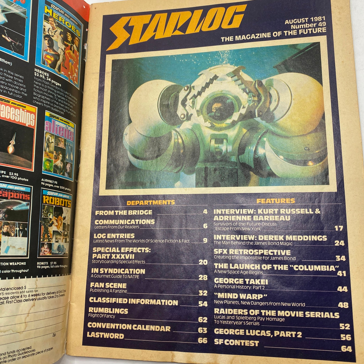 Interior page of VTG Star Log Magazine of the Future, August 1981, displaying the magazine's table of contents, showcasing interviews and articles related to sci-fi culture.
