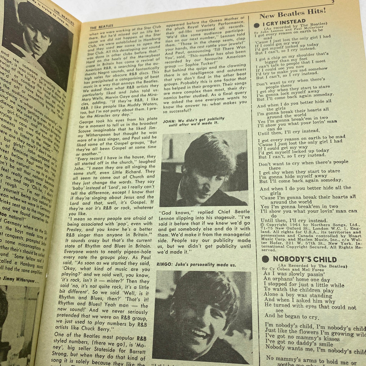 Inside page of the 1964 'A Hard Day's Night' Complete Picture Story showcasing interviews and insights about The Beatles amidst nostalgic visuals.
