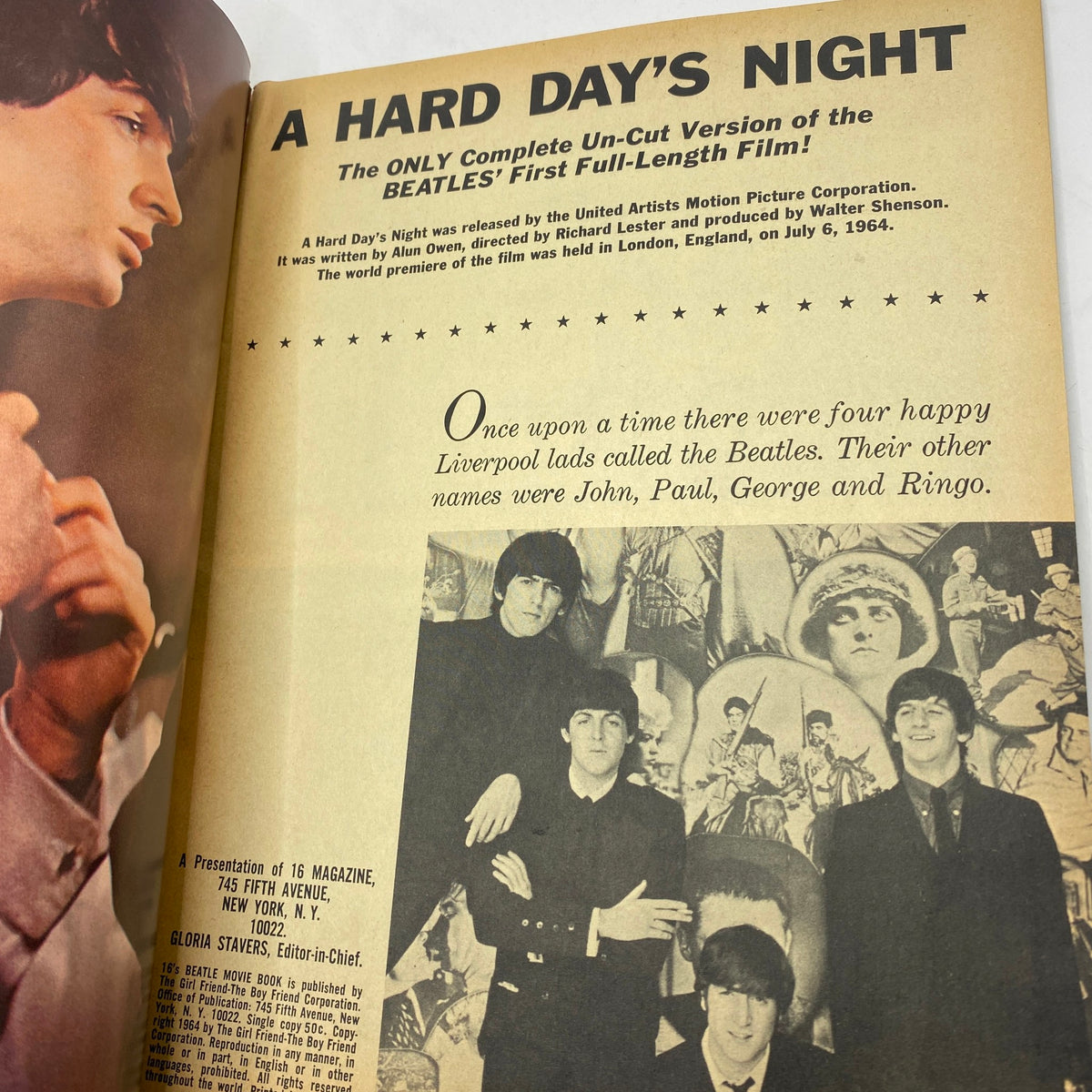 Inside page of the Vintage 1964 Beatles Movie Book highlighting details about the film 'A Hard Day's Night' with a nostalgic description of the band's early years.