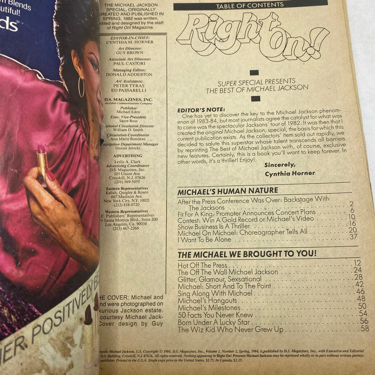 Table of contents page from VTG Right On Magazine February 1983 featuring Michael Jackson, including editor's note and featured articles.