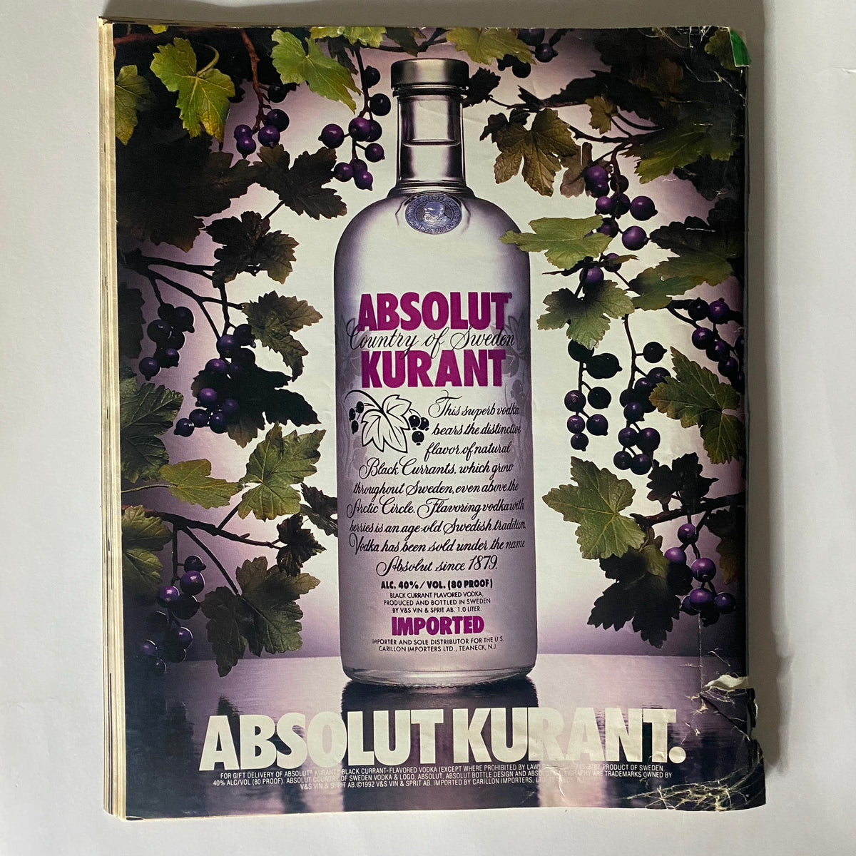 Cover page of Spin Magazine January 1994 Vol 9 No. 10 featuring an advertisement for Absolut Kurant vodka surrounded by blackcurrants, showcasing a vintage design.