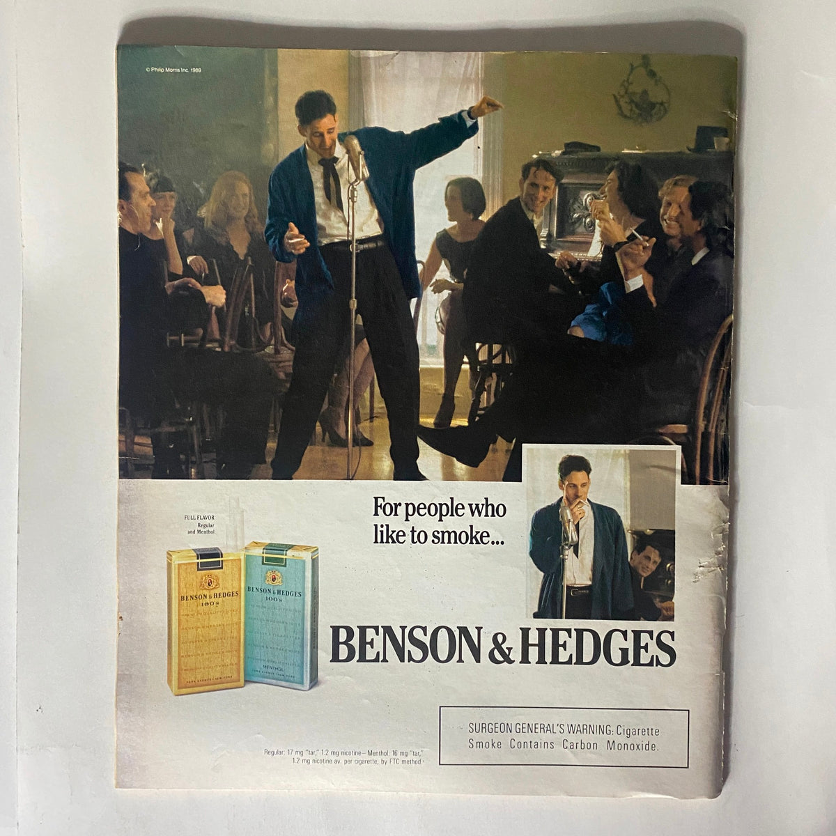 Advertisement page from Spin Magazine June 1989 Vol 5 No. 3 for Benson & Hedges cigarettes, featuring a man speaking on stage, promoting the brand with a vintage style.