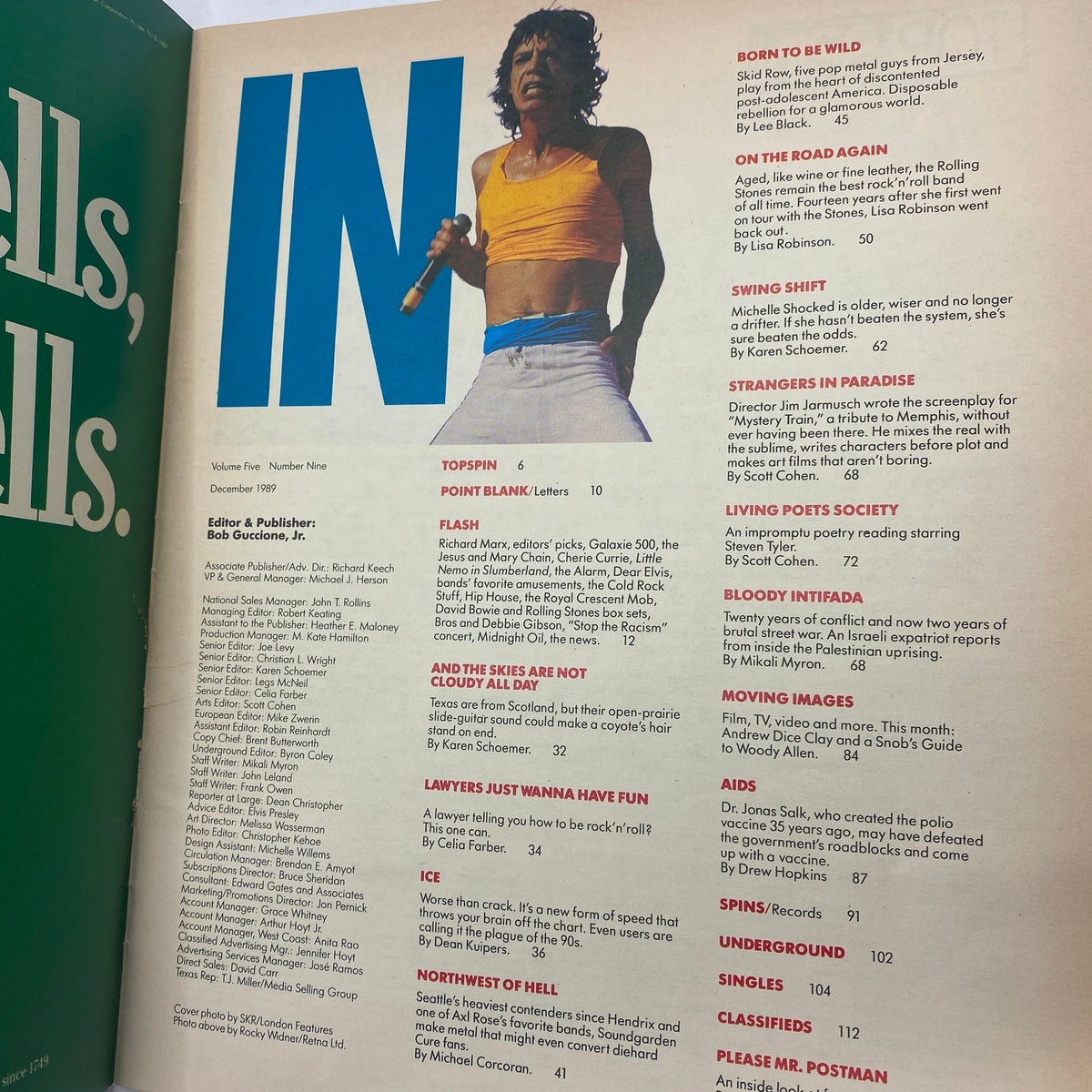 Interior page of VTG Spin Magazine December 1989 with a headline about Mick Jagger and other notable artists, highlighting the music scene during that era.