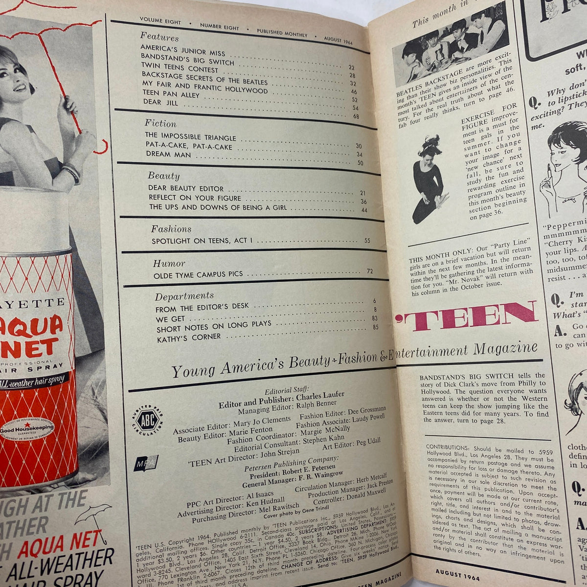Inside page from VTG Teen Magazine August 1964 featuring the table of contents with articles about America's Junior Miss and beauty tips.