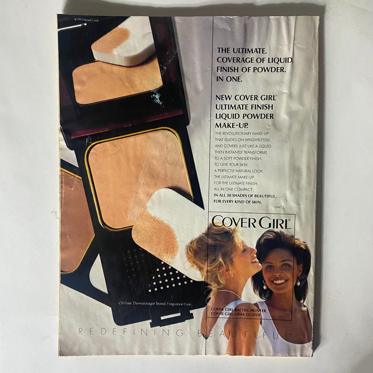 Ad for Cover Girl in Teen Magazine July 1994 presenting their Ultimate Finish Liquid Powder Make-Up with models demonstrating the product.