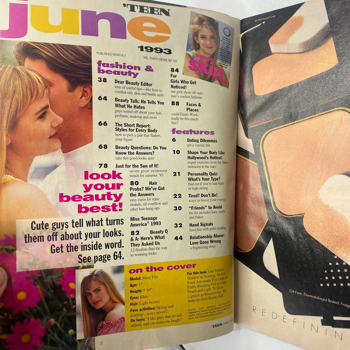 Page from Teen Magazine June 1993, highlighting beauty tips and features with a focus on skin care and fashion trends.