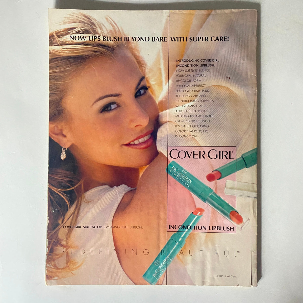 Ad for Cover Girl in Teen Magazine July 1993, featuring a model and promoting Incondition Lipblush, showcasing vibrant teen beauty trends.