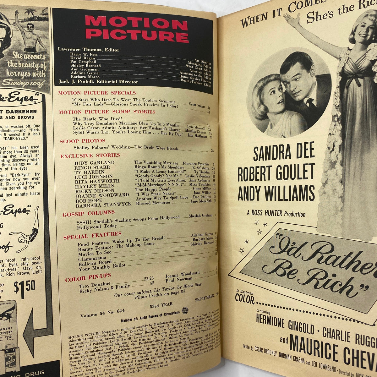 Inside pages of VTG Motion Picture Magazine September 1964, including featured articles and advertisements from the 1960s, highlighting exclusive stories and Hollywood gossip.