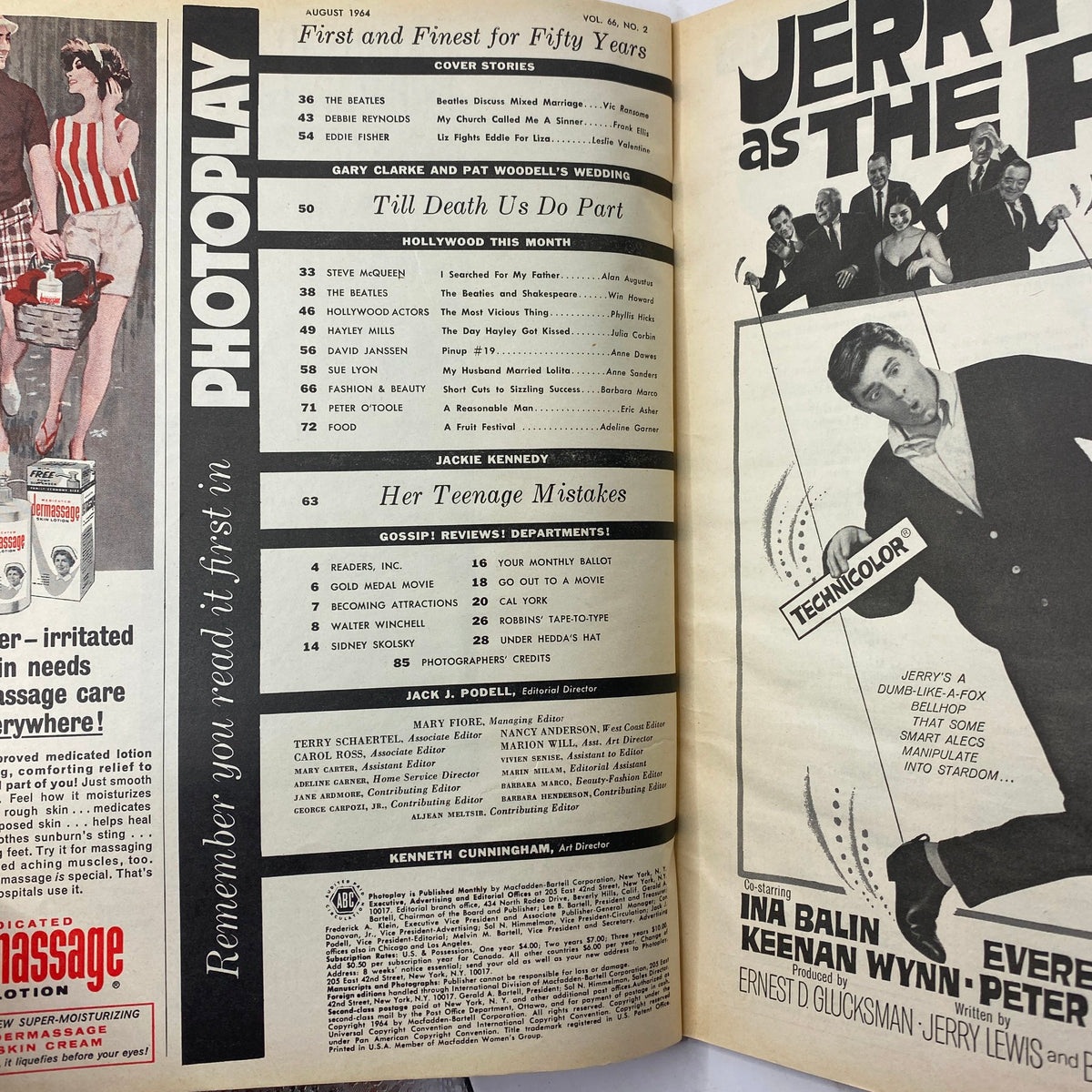 Interior page of VTG Photoplay Magazine August 1964 showcasing articles and features including The Beatles and Hollywood news.