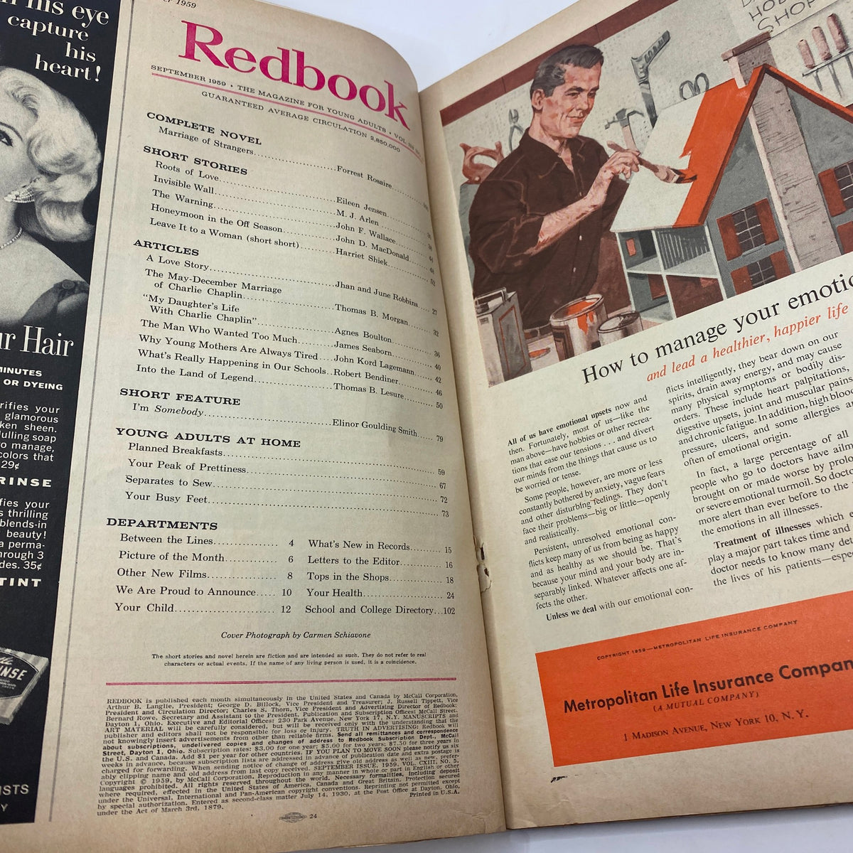 Inside pages of VTG Redbook Magazine September 1959 displaying the table of contents and various articles including 'My Daughter's Life with Charlie Chaplin'.