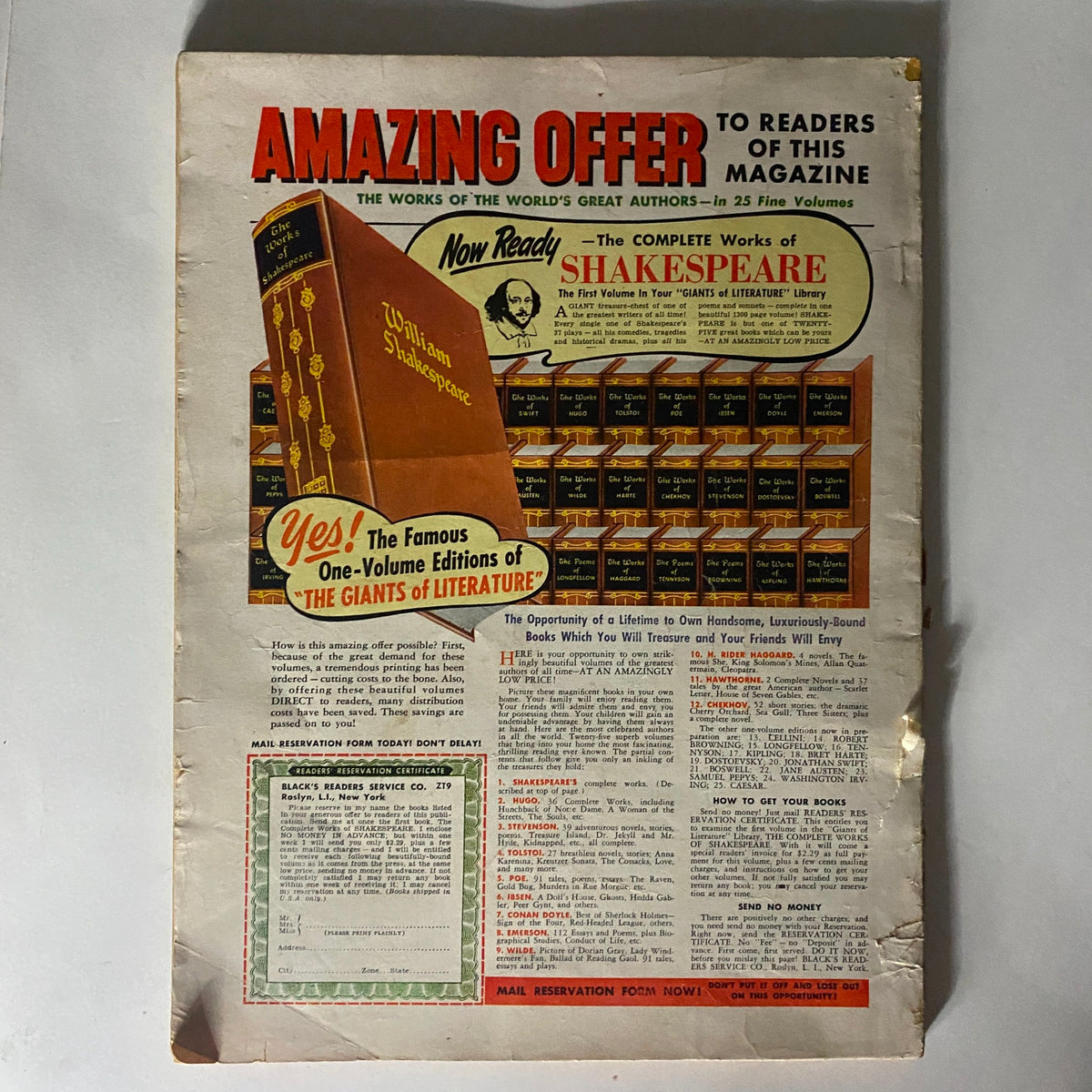 Back cover of VTG Redbook Magazine September 1959 showcasing an advertisement for the complete works of Shakespeare.