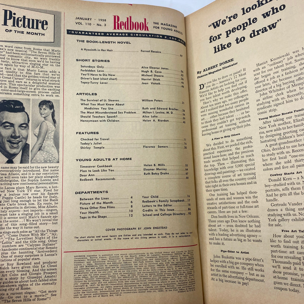Interior pages of VTG Redbook Magazine January 1958 displaying the table of contents and notable articles from that issue.