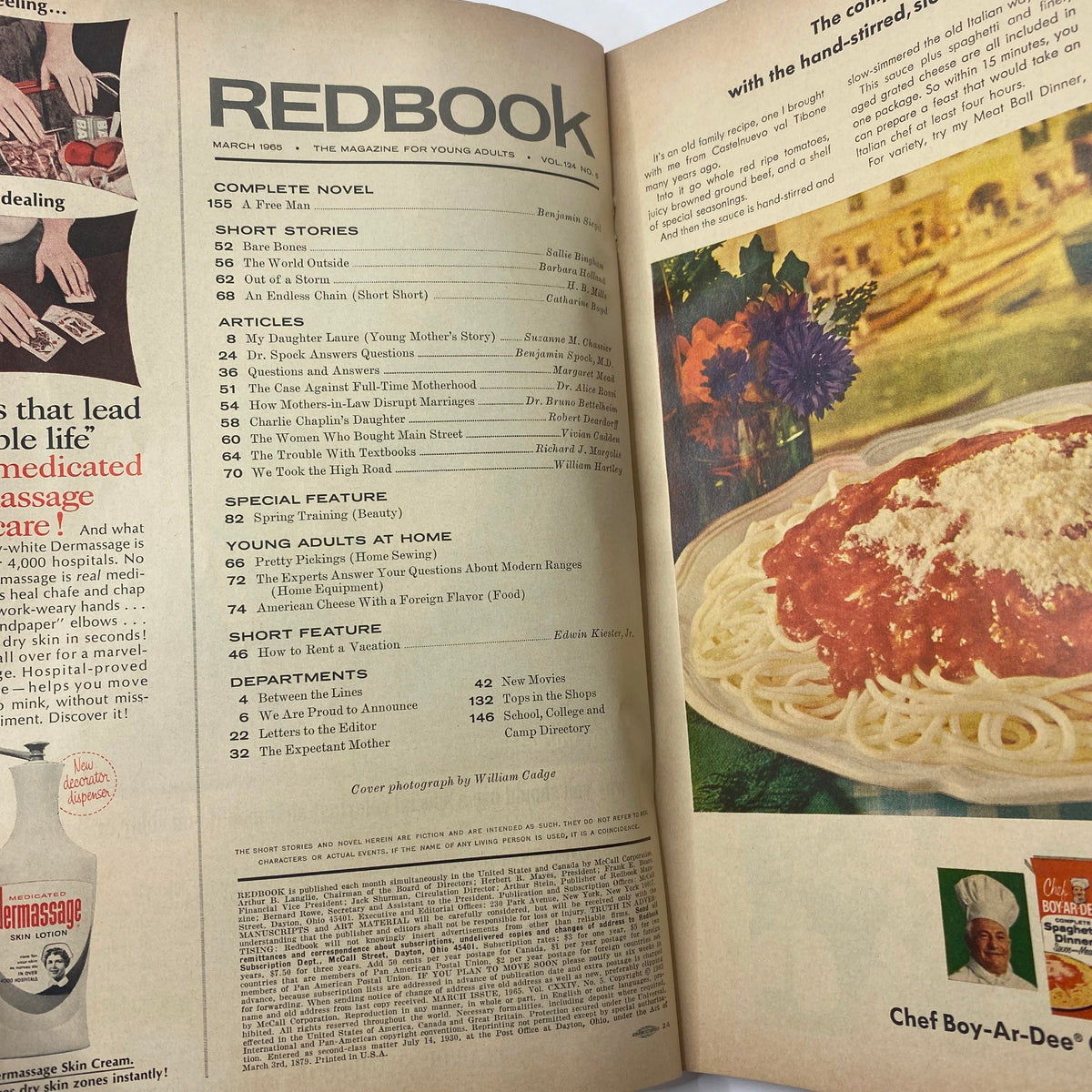 Interior page of VTG Redbook Magazine March 1965 displaying the table of contents and articles including 'The Case Against Full-Time Motherhood'.