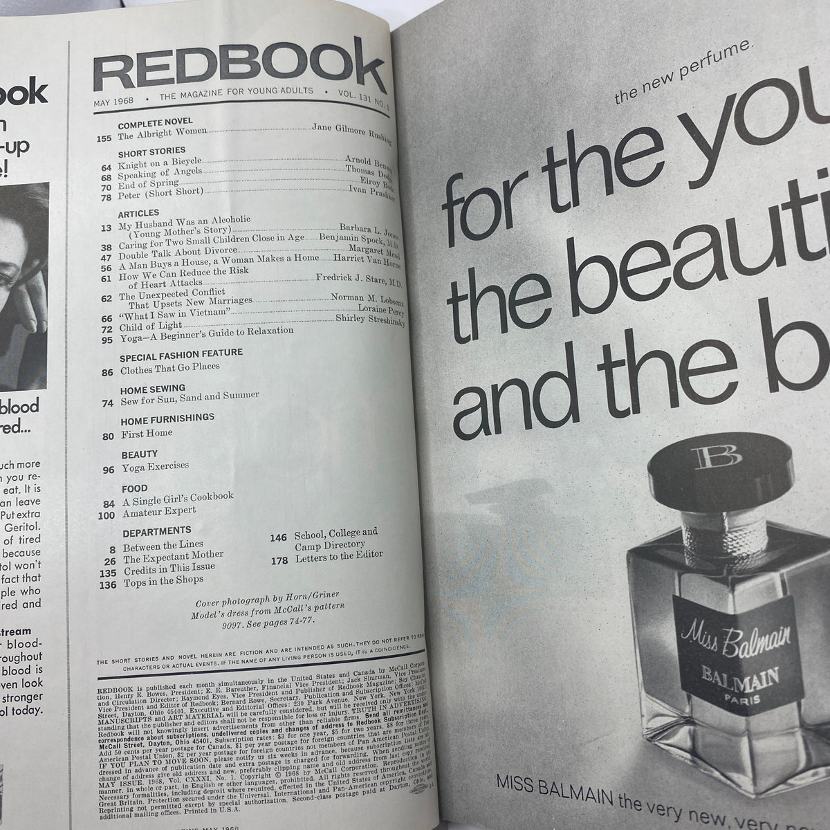 Interior page of VTG Redbook Magazine May 1968 Vol 131 No. 1, displaying the table of contents and various articles including fashion features and lifestyle tips.