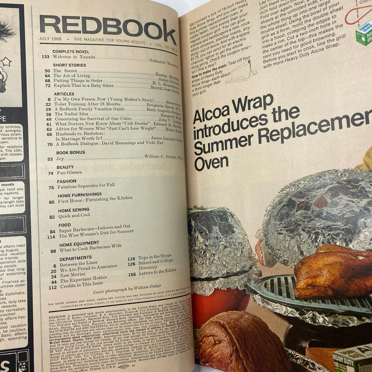 Inside page of VTG Redbook Magazine July 1968 displaying the table of contents and articles, including 'Advice for Women Who Just Can't Lose Weight'.