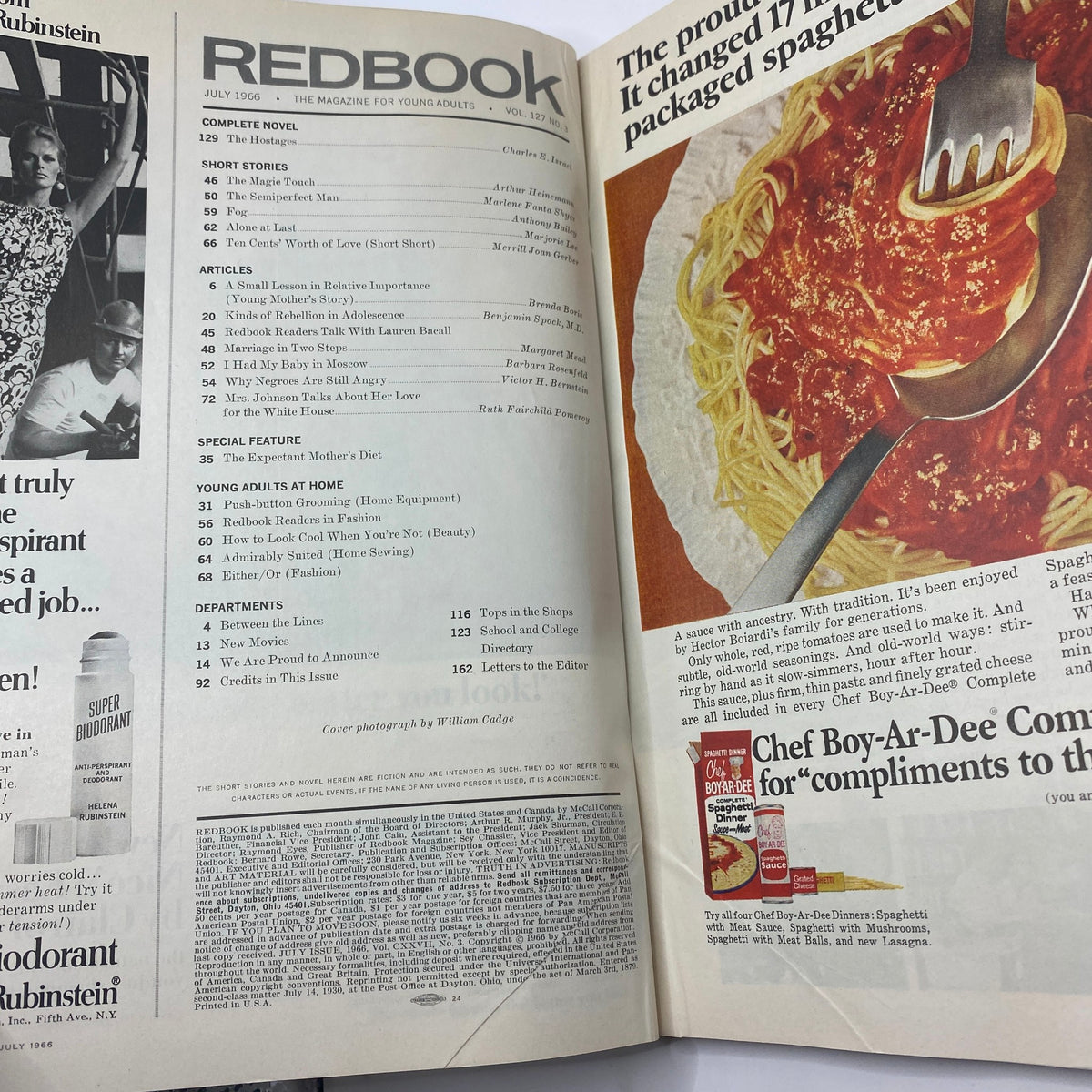 Inside page of VTG Redbook Magazine July 1966 showcasing the contents including 'The Hostages' and various short stories and articles.