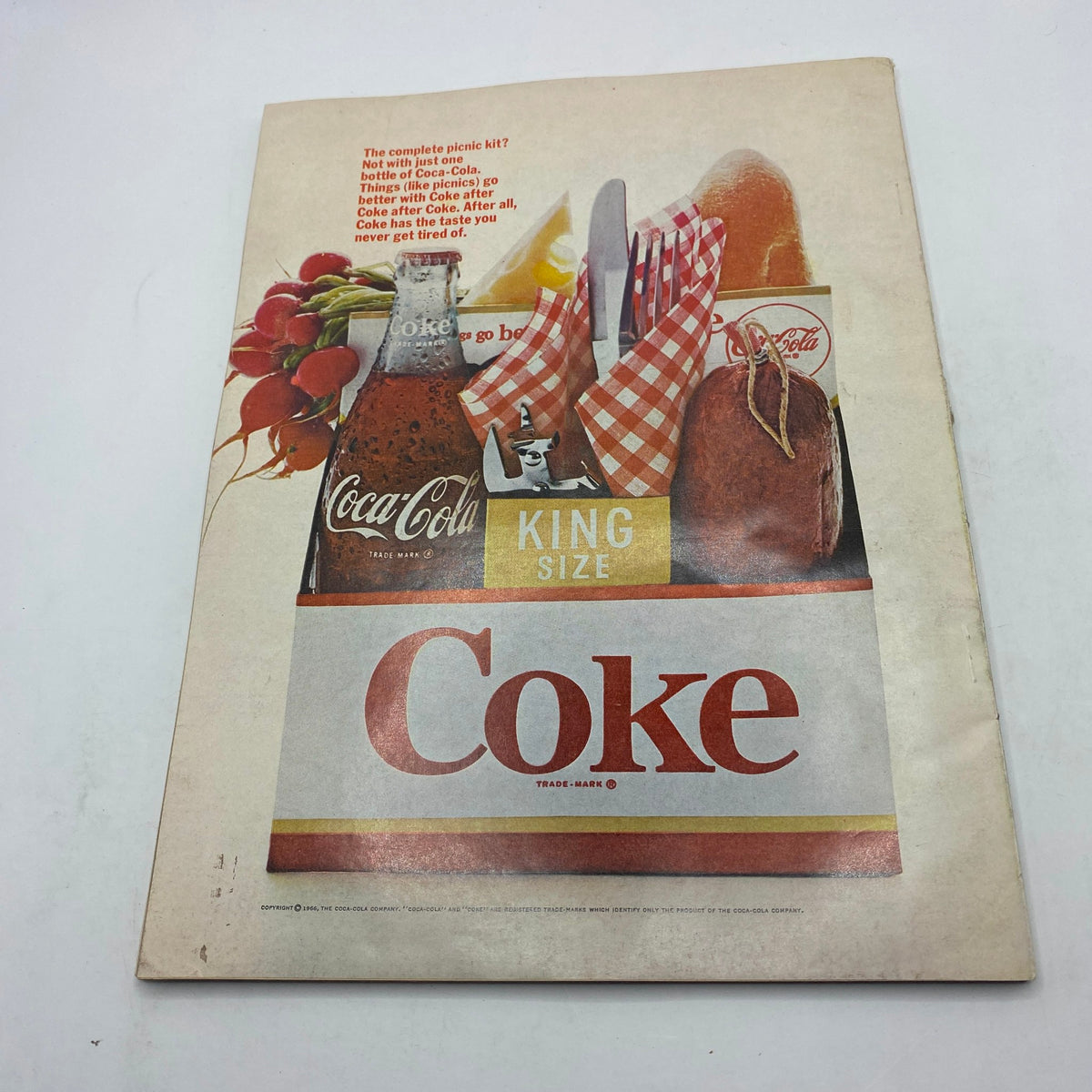 Advertisement for Coca-Cola featured in VTG Redbook Magazine July 1966, promoting drinks for picnics with a vintage design.