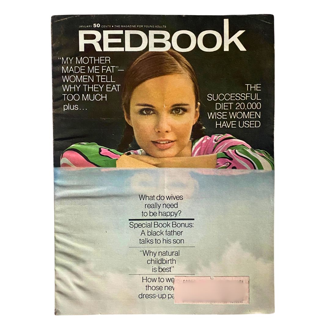 VTG Redbook Magazine Cover January 1969, featuring an iconic image and the main story 'Tell Me About the Wind', along with topics such as diet and happiness.