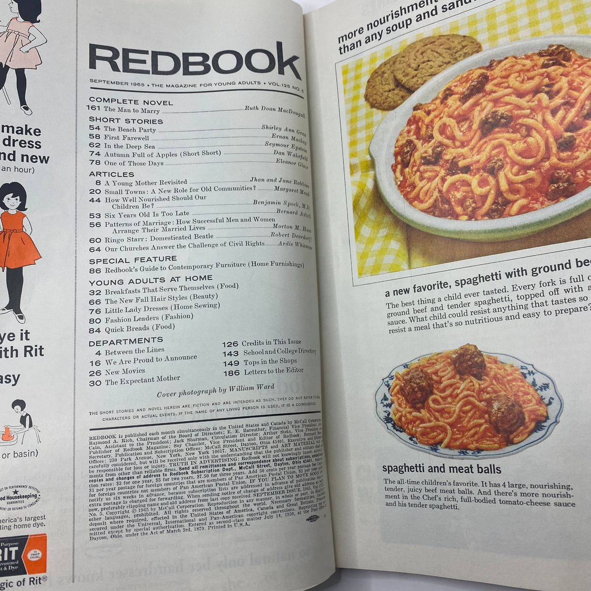 Inside page of VTG Redbook Magazine September 1965 Vol 125 #5 showcasing the table of contents, highlighting articles including insights on marital arrangements and recipes, along with a mention of Ringo Starr.