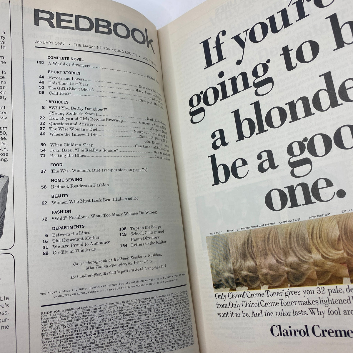 Inside pages of VTG Redbook Magazine January 1967 featuring articles and advertisements, including a prominent section on Joan Baez and beauty tips.