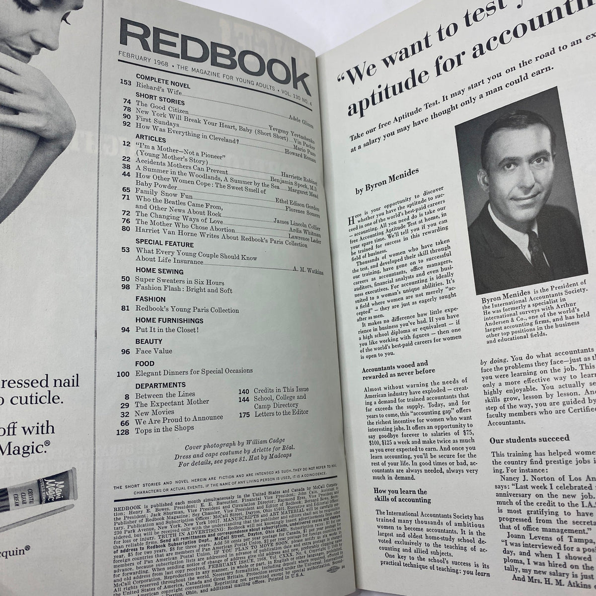 Interior page showcasing the table of contents of the VTG Redbook Magazine February 1968, Volume 130, No. 4, featuring articles on fashion, beauty, and lifestyle.