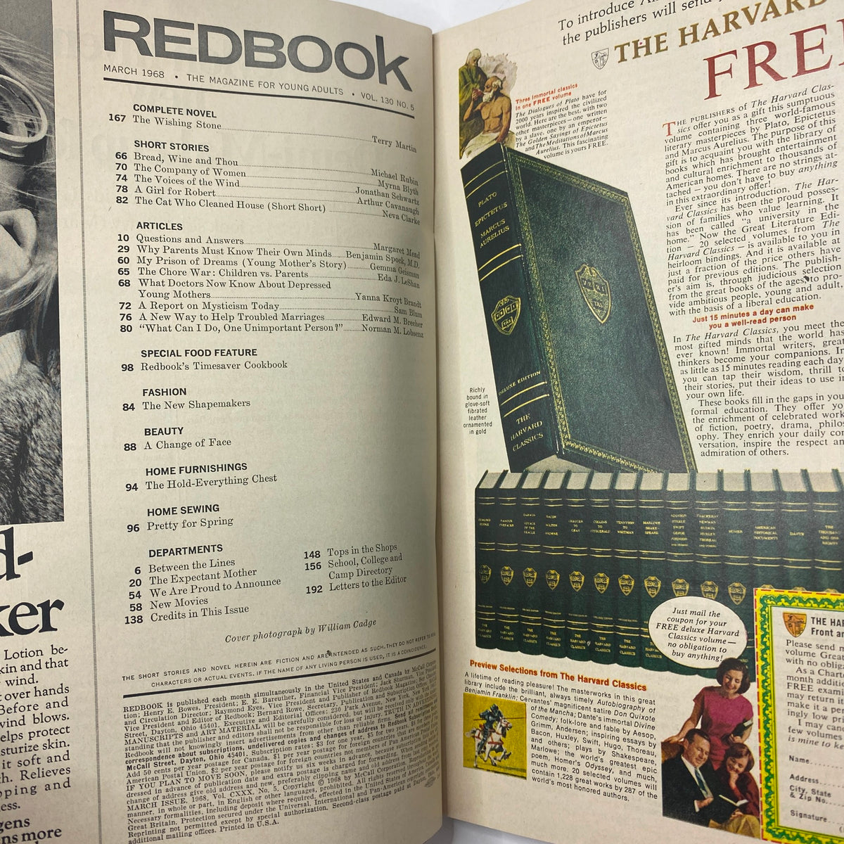 Inside page of the VTG Redbook Magazine March 1968 Vol 130 No. 5 displaying the table of contents and various articles including cooking and spiritualism.
