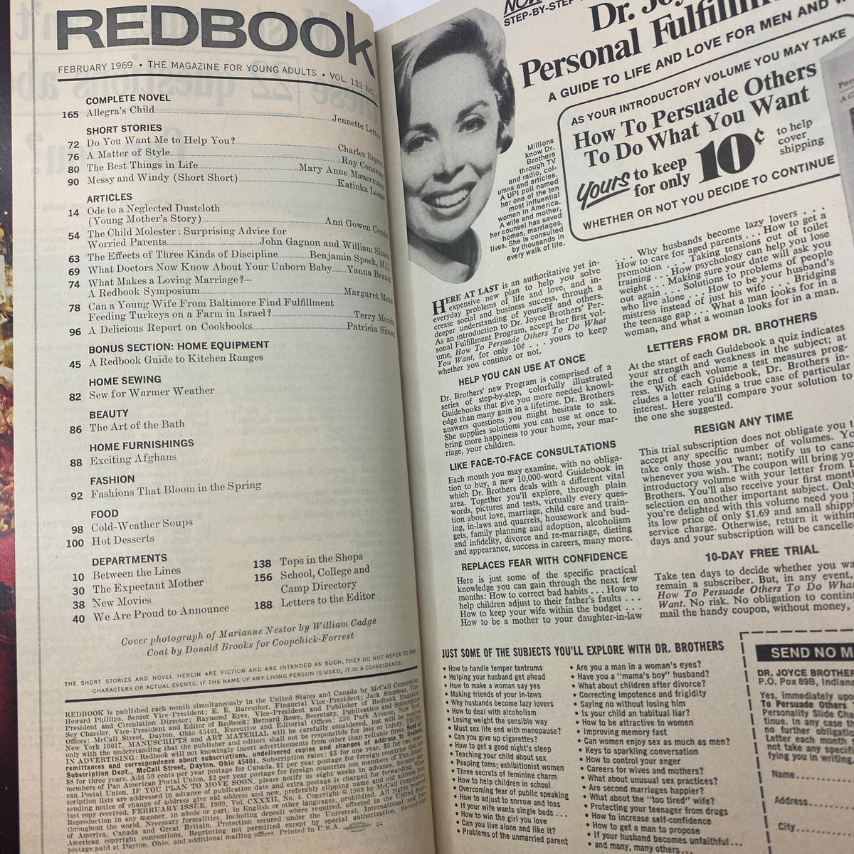 Interior page of VTG Redbook Magazine February 1969, featuring a table of contents with sections including articles on personal fulfillment and home equipment.