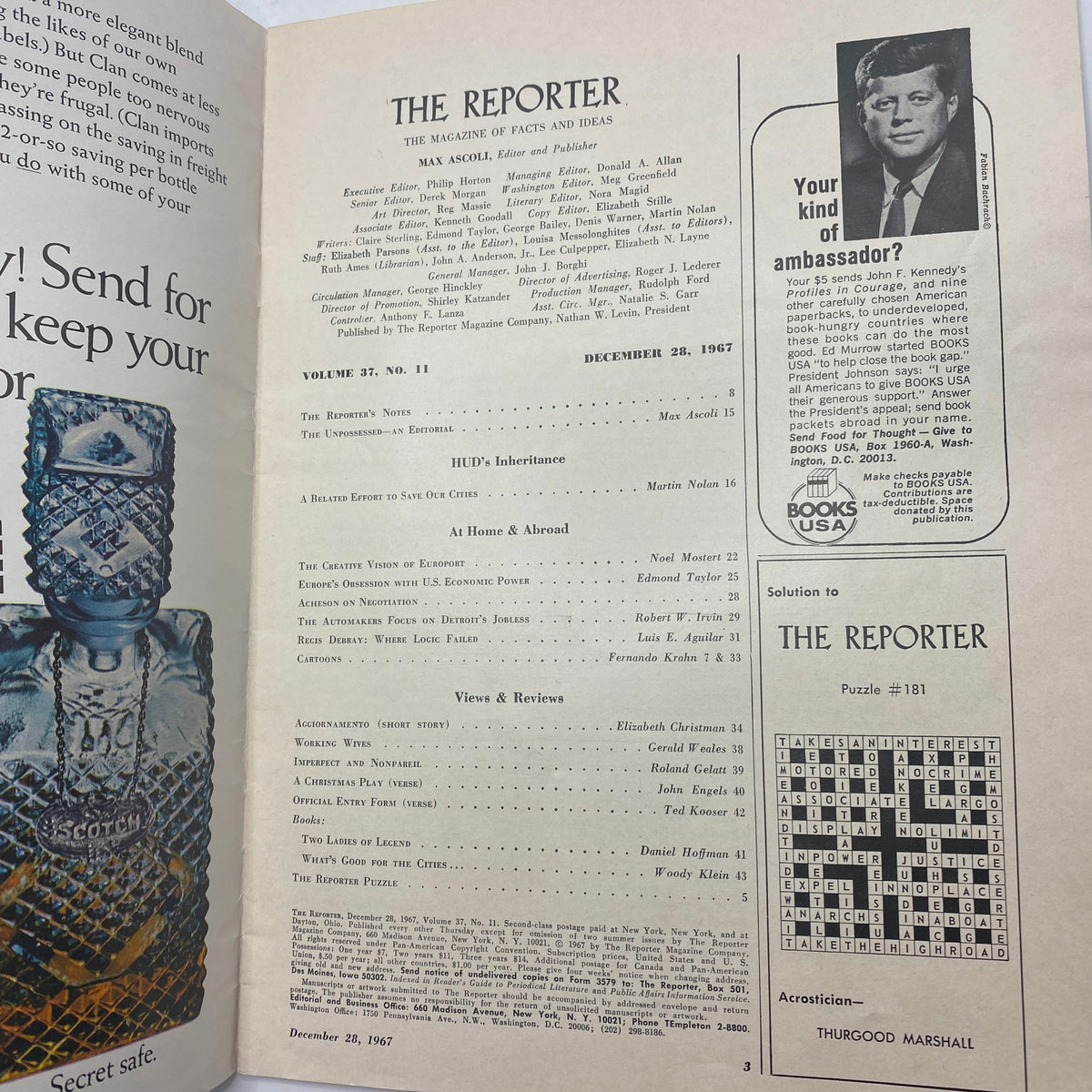 Interior page of VTG The Reporter Magazine December 28 1967 featuring table of contents and editorial notes on urban issues.