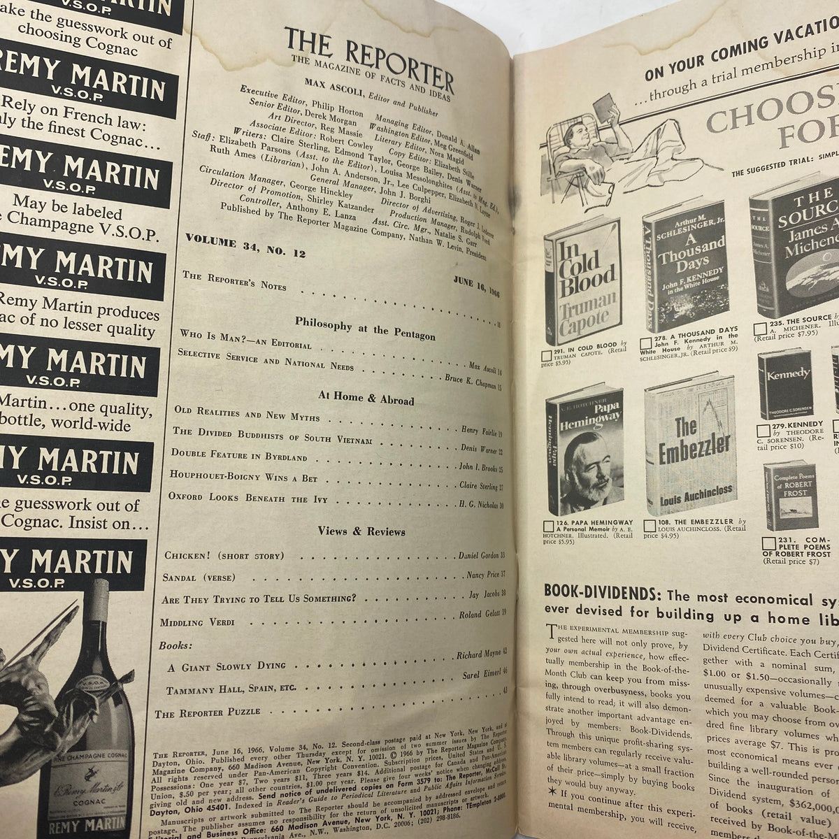 Inside view of VTG The Reporter Magazine June 16 1966, displaying editorial content and articles including 'Selective Service and National Needs', along with other magazine features.