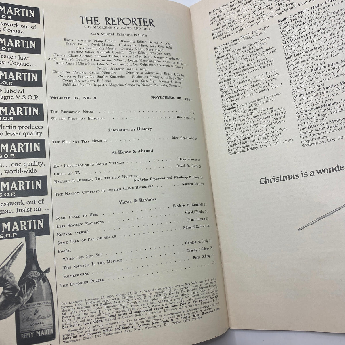 Inside spread of VTG The Reporter Magazine from November 30, 1967, showcasing the contents page and editor information.