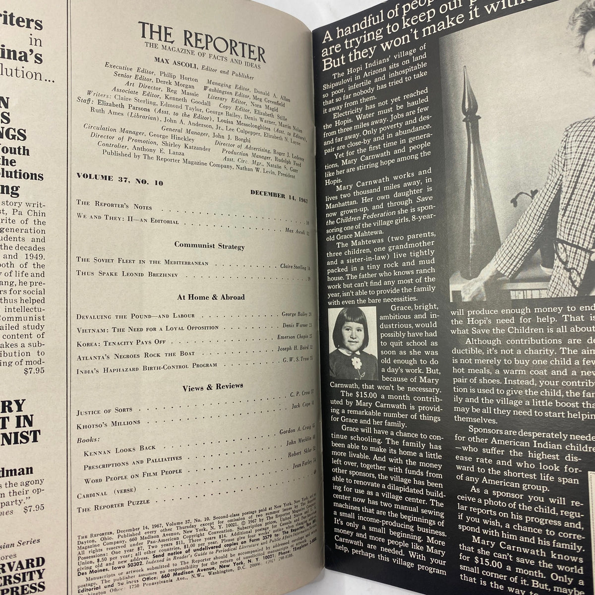 Interior spread of VTG The Reporter Magazine from December 14, 1967, showcasing articles and editorial content, including commentary on the Soviet Fleet in the Mediterranean.