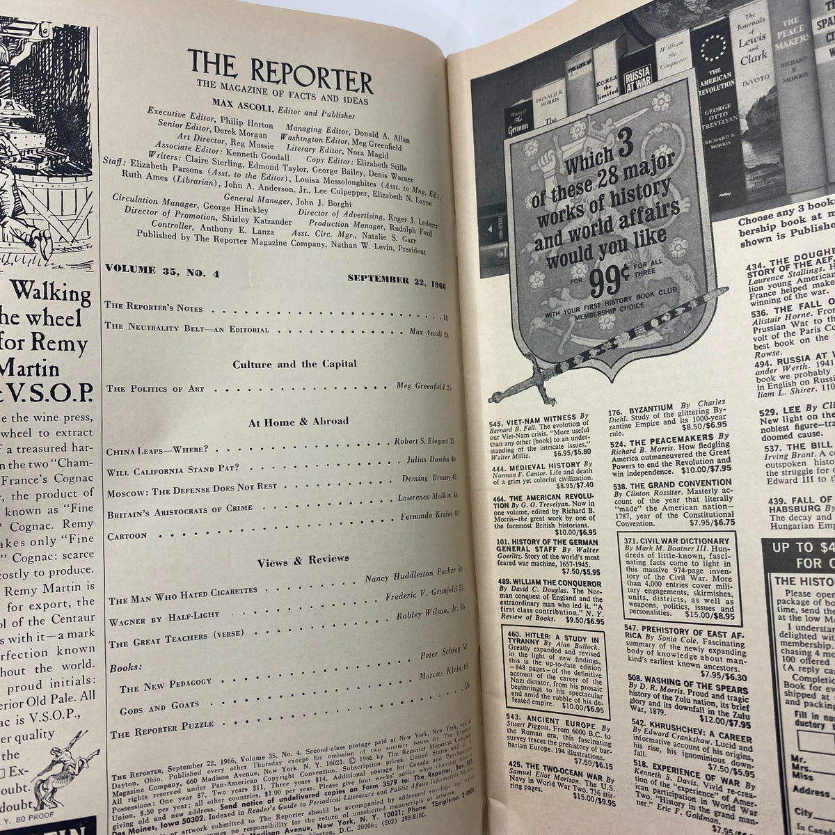 Interior page of VTG The Reporter Magazine September 22 1966 displaying the table of contents, featuring articles including 'The Politics of Art' and listing contributors and topics of the issue.