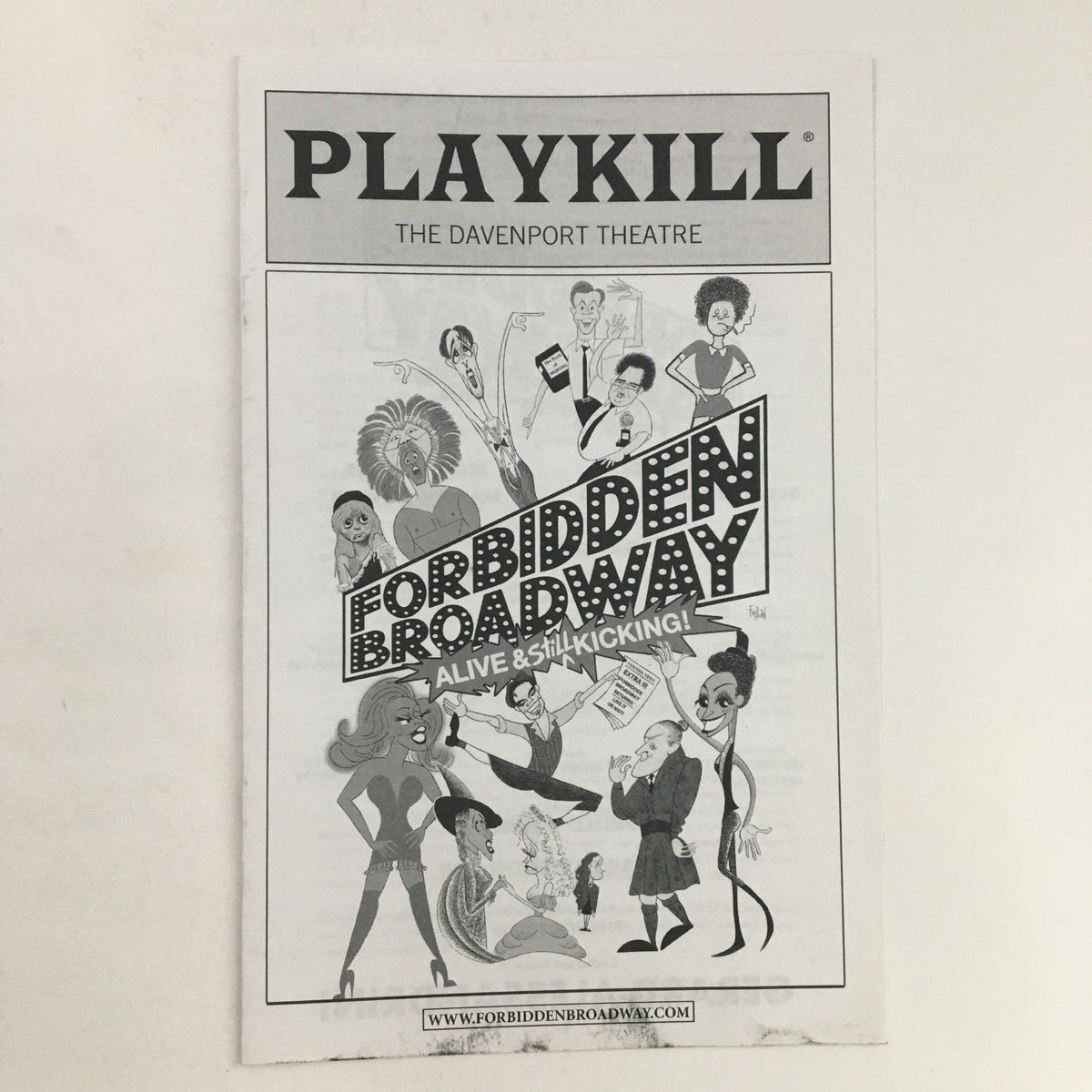 2014 Playkill The Davenport Theatre Forbidden Broadway Alive & Still Kicking cover featuring lively illustrations of various characters and performers.
