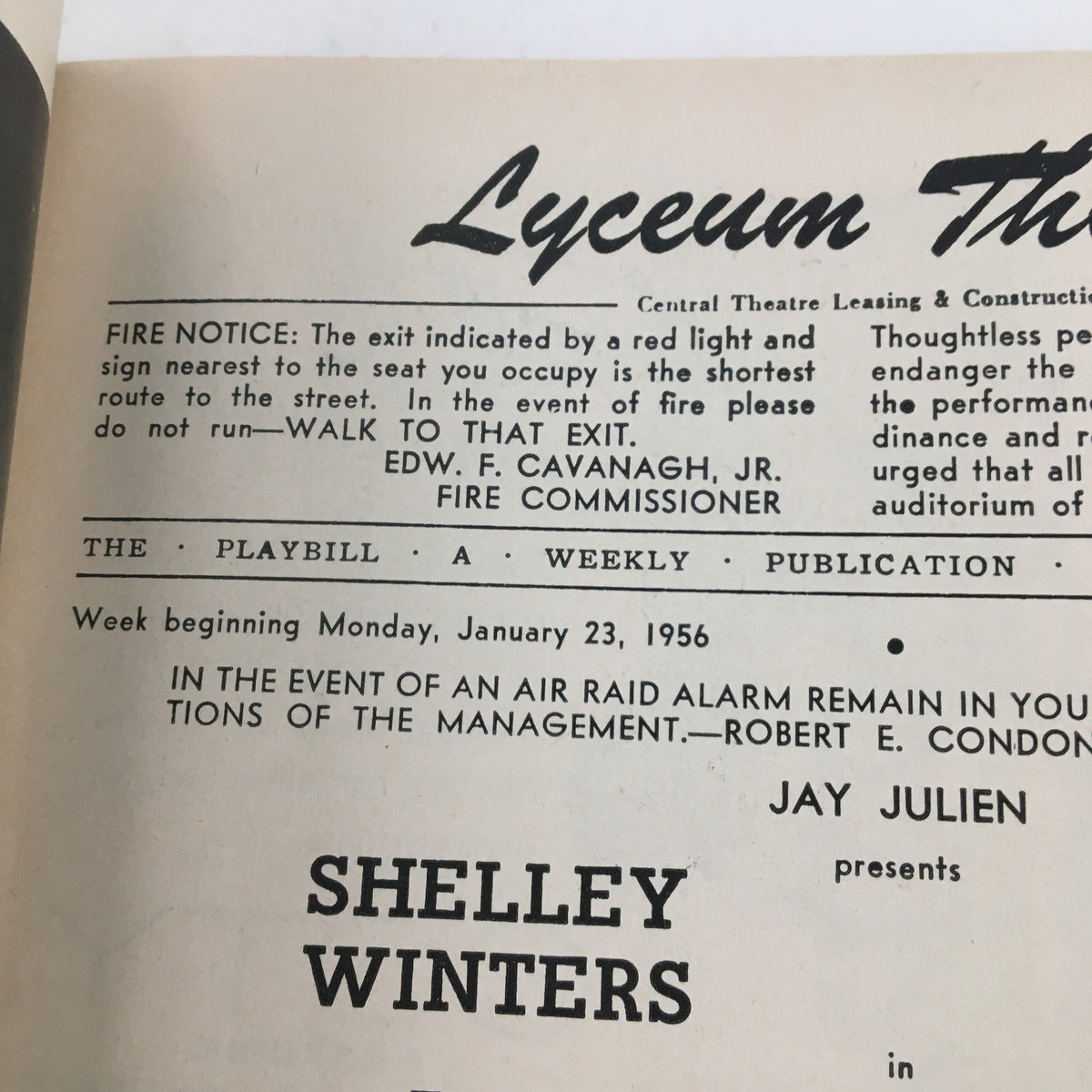 Close-up of the 1956 Playbill highlighting Shelley Winters' performance in 'A Hateful of Rain' at the Lyceum Theatre with publication details.